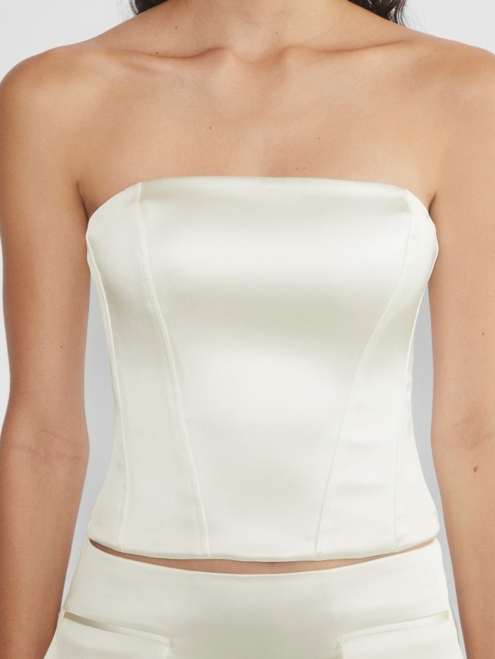 Aritzia WILFRED Castle Birch Ivory Satin Strapless Bustier Blouse Top, Size L